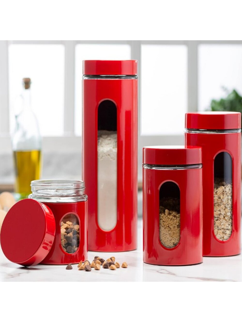 Stylish Red Stainless Steel Canister Set with Glass Window & Airtight Lids